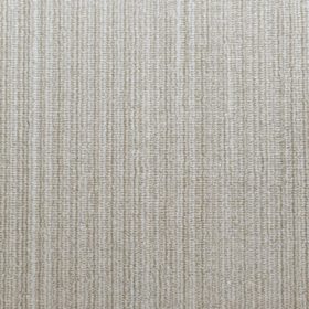 Discontinued color- Lineka Oro 55019/757 color swatch. Lineka is a cut pile with a linear pattern running down the length of the carpet. The linear designs is created by varying yarn colors going across the width of the carpet. This colorway has yarn colors of dark and light beige and natural white.