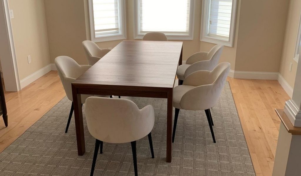 Leighton rug - Image credit: Gordon Rug Company, MA. Rug is seen in dining room setting with furnishings and window. Leighton is an elongated grid design created by two dominant colors
