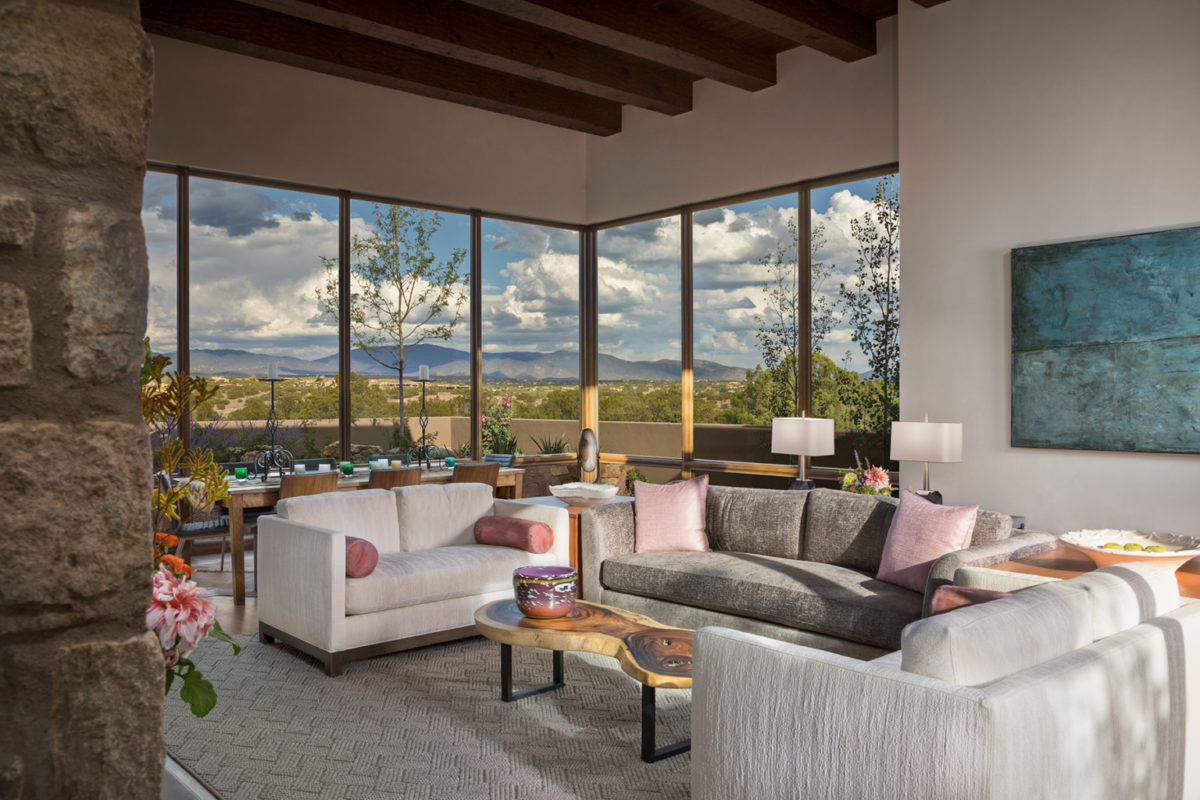 Mirador Multi-Mix featured in Parade of Homes 2017 Santa Fe, NM. Mirador has a high/low loop pile construction which creates the weave design. Image shows Mirador MM in a living room setting. Photo credit: Wendy McEahern.
