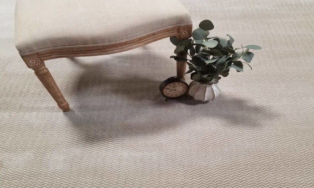 Empire, Color: Beige 1/1603 shown with chair and plant as props. Empire is a cut/loop carpet that has a zigzag (chevron) pattern.