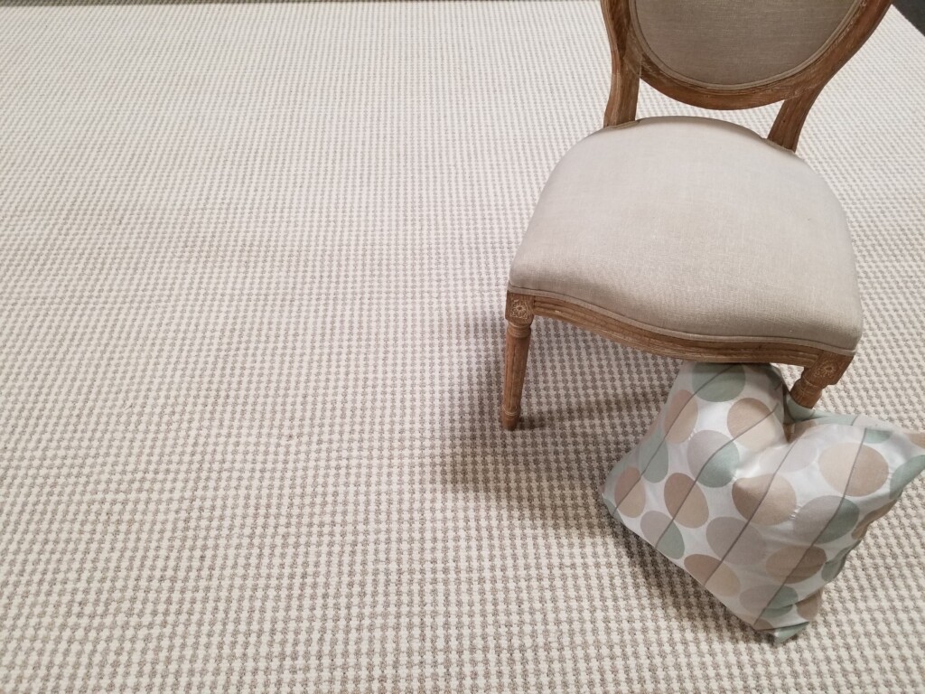 Lolly, color: Dk. Beige/Ivory 500/1540 shown with chair and pillow as props. Lolly, color: Dk. Beige/Ivory 500/1540 shown with chair and pillow as props. Lolly has two colored dots (dk beige and ivory) that alternate to create the pattern.