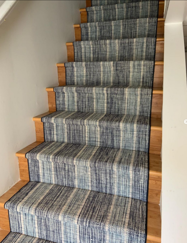 Linen Stripe, Color: Navy Denim 290/ 5703 install on stairs by Gordon Rug Company, Rhode Island Linen Stripe, Color: Navy Denim 290/ 5703 install on stairs by Gordon Rug Company, Rhode Island