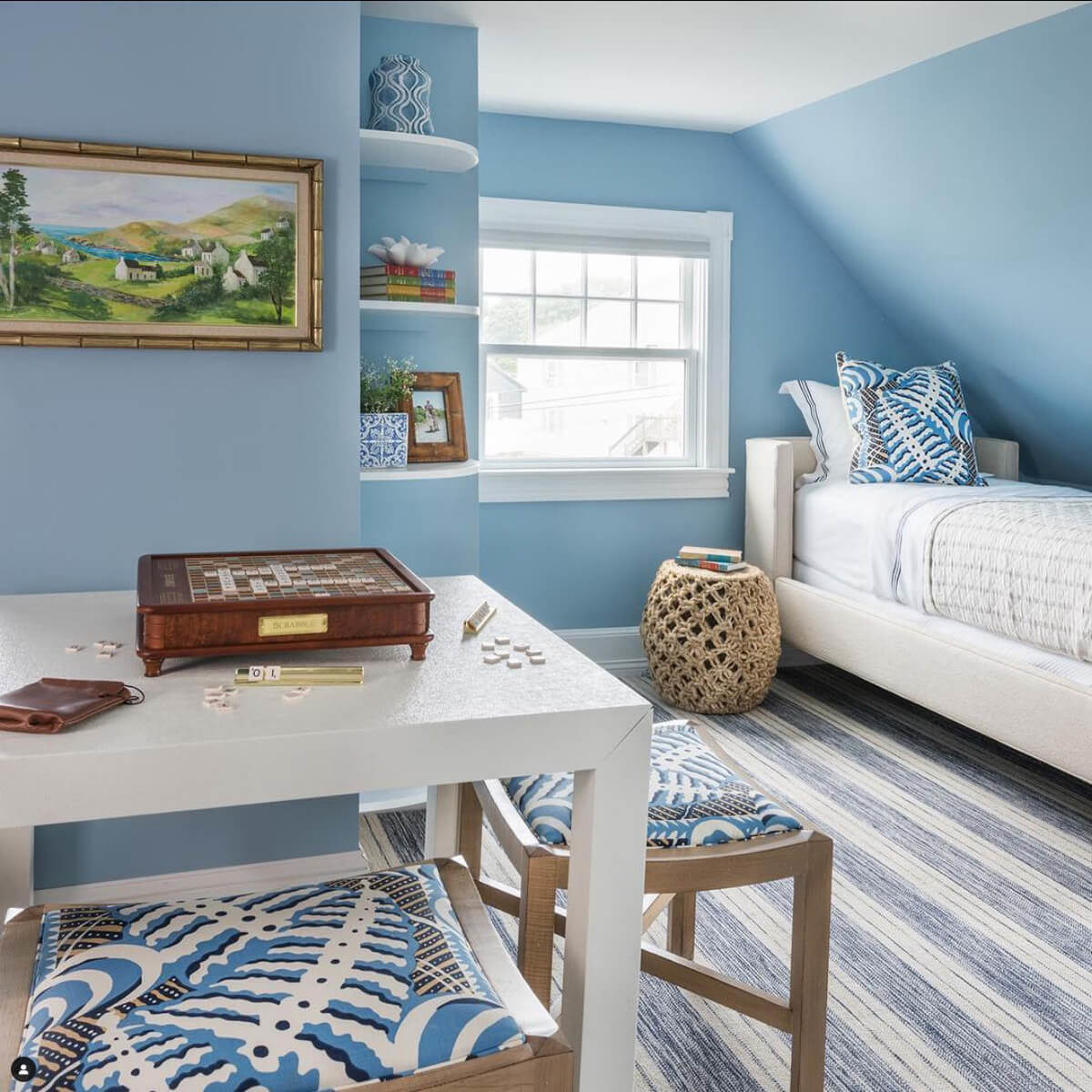 Linen Stripe, Color: Blue/Sand 230/5703 in bedroom iwith furnishings.. Image credit: Digs Design, Newport, RI