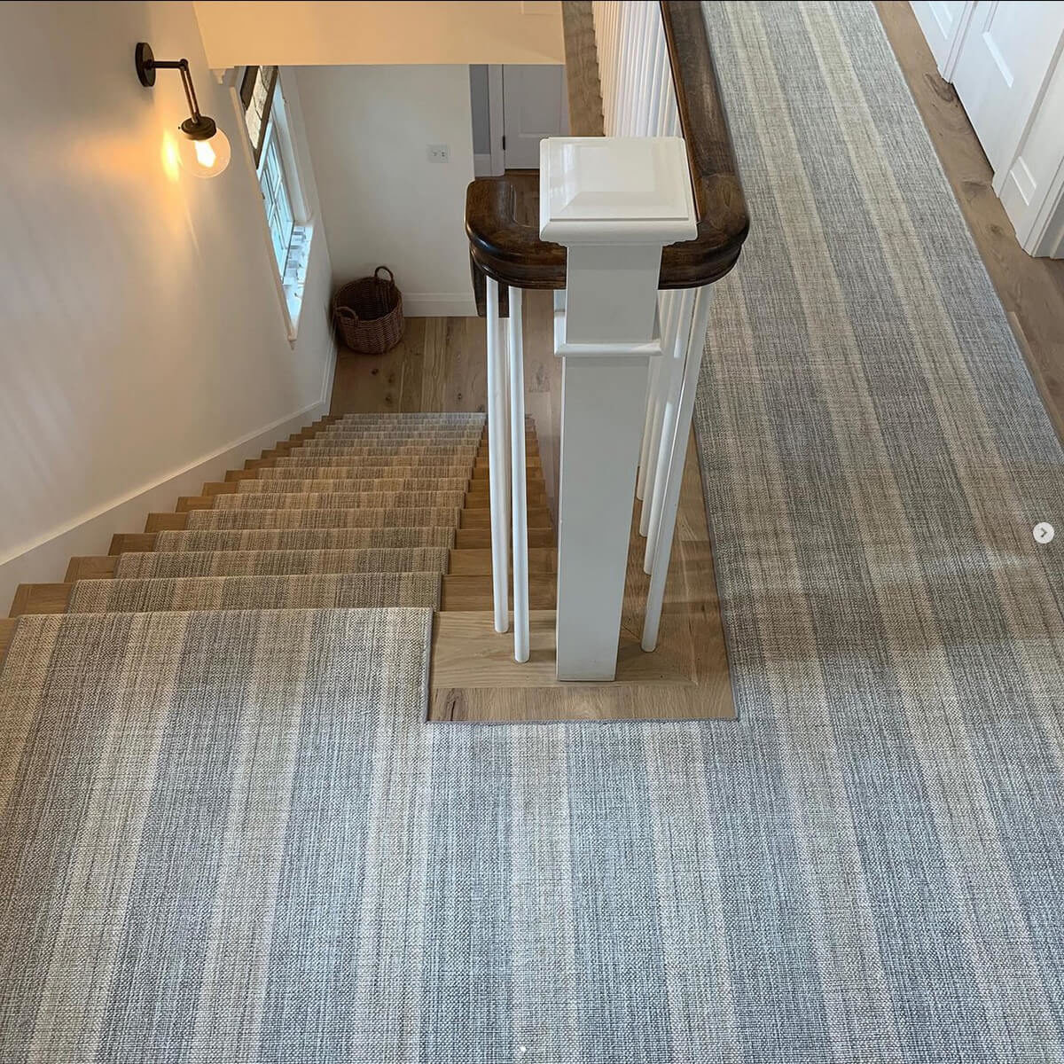 Linen Stripe, Color: Silver Sand 230/5703 installed on stairs and hallway. Installation by Gordon Rug Company, MA.