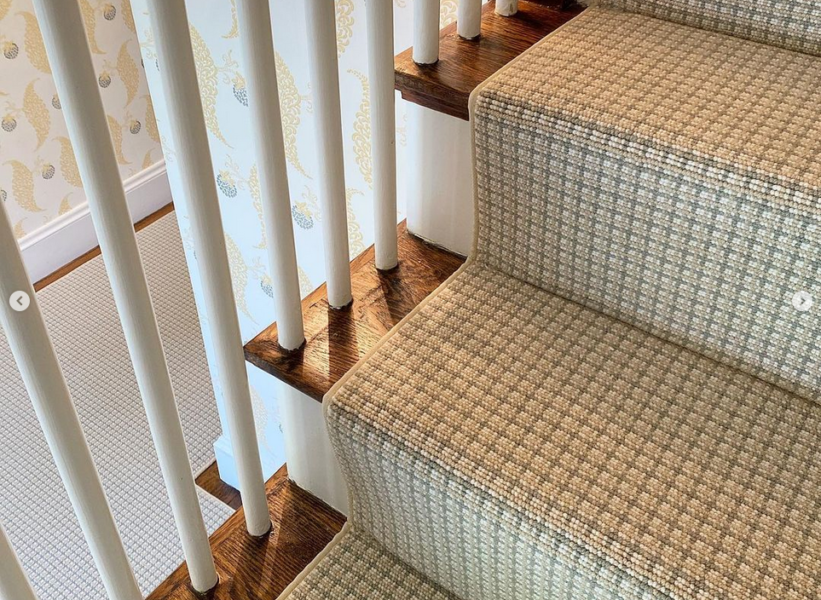 Ainsley, Color: Lowland Green 3/5760 installation on stairs/hall. Ainlsey is a three color, small grid design. Image courtesy of Mary Snow Designs and Landry and Arcari, Salem, MA