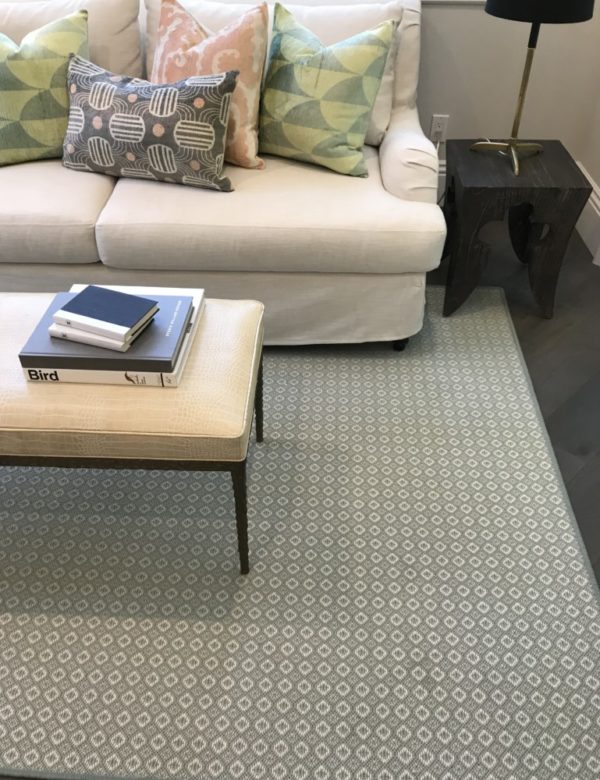 Savina, Color: Lt Green 13//5744 Savina, Color: Lt Green 13/ 5744 in living room with furnishings. Savina has a petite diamond design. Image courtesy of The Beaubelle Group, Orinda, CA.