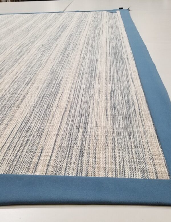 Bellbridge Linen Band rug, color: Denim/Silver 27/5702 . Bellbridge Linen Band rug, color: Denim/Silver 27/5702 shown with cotton border being applied.